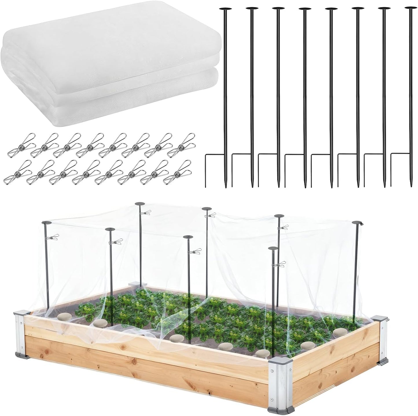 Metal Garden Netting Kit, 6 Pack 2.6ft Raised Garden Bed Net Support Stakes with 13×10ft Fine Mesh Insect Netting 12pcs Clips Bird Barrier Screen Cover for Protect Plant Vegetable Row from Animals Bug