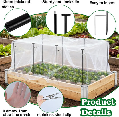Metal Garden Netting Kit, 6 Pack 2.6ft Raised Garden Bed Net Support Stakes with 13×10ft Fine Mesh Insect Netting 12pcs Clips Bird Barrier Screen Cover for Protect Plant Vegetable Row from Animals Bug