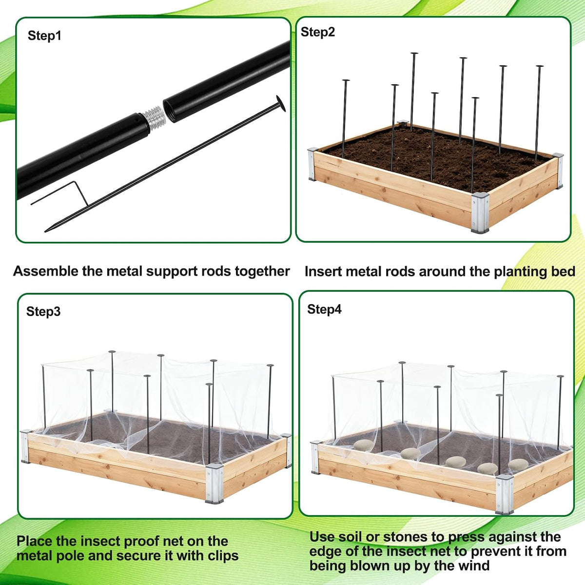Metal Garden Netting Kit, 6 Pack 2.6ft Raised Garden Bed Net Support Stakes with 13×10ft Fine Mesh Insect Netting 12pcs Clips Bird Barrier Screen Cover for Protect Plant Vegetable Row from Animals Bug