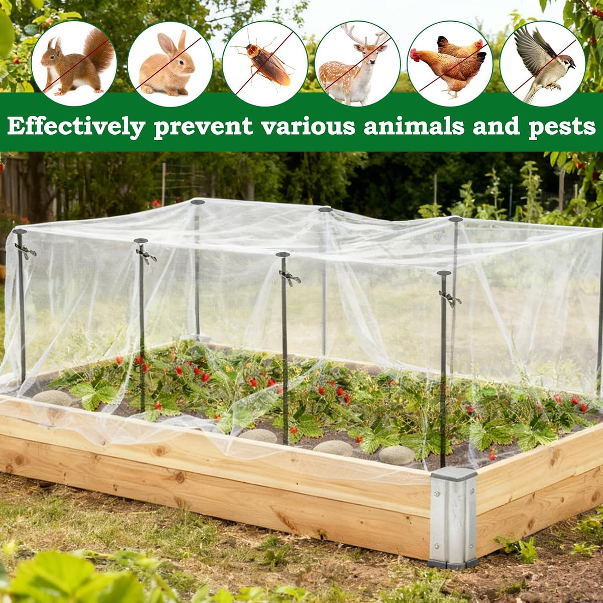 Metal Garden Netting Kit, 6 Pack 2.6ft Raised Garden Bed Net Support Stakes with 13×10ft Fine Mesh Insect Netting 12pcs Clips Bird Barrier Screen Cover for Protect Plant Vegetable Row from Animals Bug