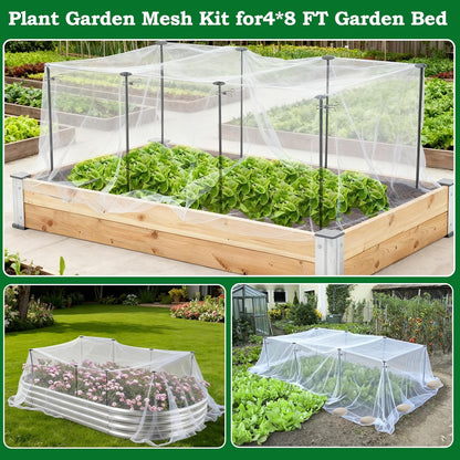 Metal Garden Netting Kit, 6 Pack 2.6ft Raised Garden Bed Net Support Stakes with 13×10ft Fine Mesh Insect Netting 12pcs Clips Bird Barrier Screen Cover for Protect Plant Vegetable Row from Animals Bug