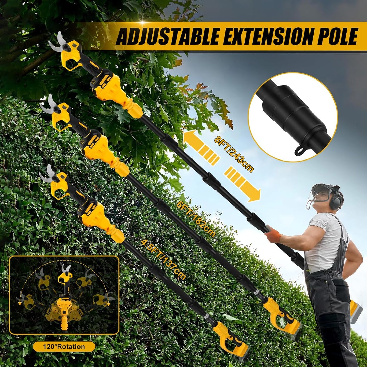 Electric Pruning Shears Compatible with DeWalt 20V Max Battery, 2-in-1 Cordless Garden Shears with 6.56FT Extension Pole, 30mm Cutting Diameter Cordless Pole Pruner Garden Tool(Battery Not Included)