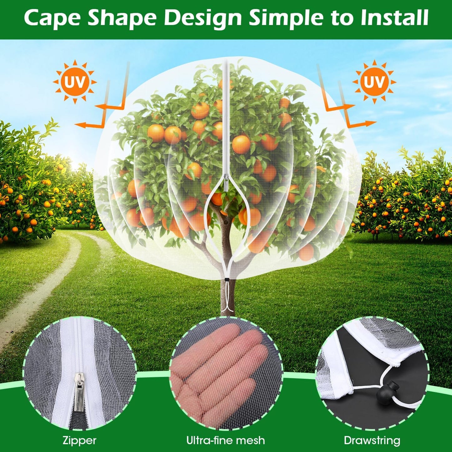 6'x6' Fruit Tree Netting Cover with Zipper and Drawstring