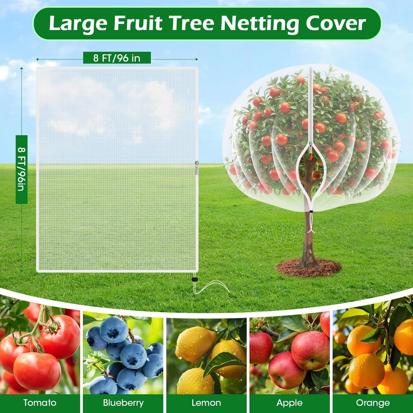 6'x6' Fruit Tree Netting Cover with Zipper and Drawstring