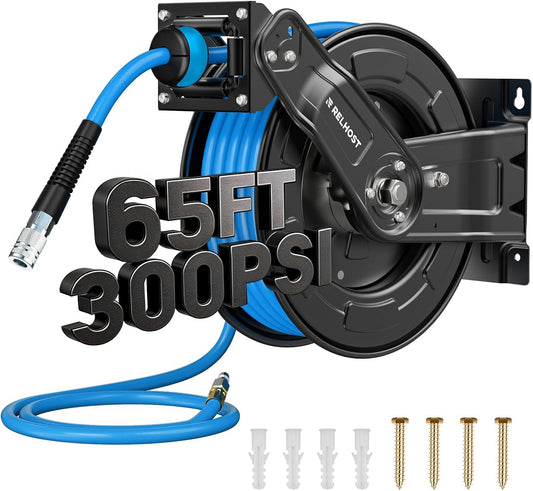 Retractable Air Hose Reel, 65ft x 3/8in Hybrid Air Hose (300PSI), Heavy Duty Compressor Hose Reel, Auto Rewind - Wall/Ceiling Mount for Workshops