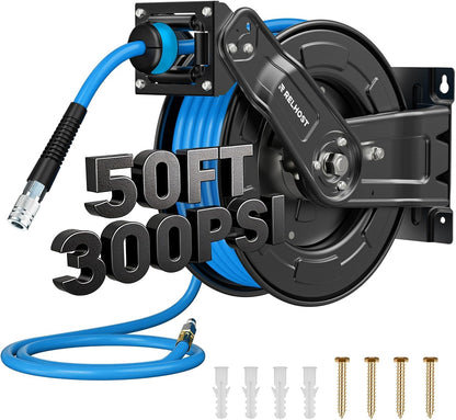 Retractable Air Hose Reel, 65ft x 3/8in Hybrid Air Hose (300PSI), Heavy Duty Compressor Hose Reel, Auto Rewind - Wall/Ceiling Mount for Workshops