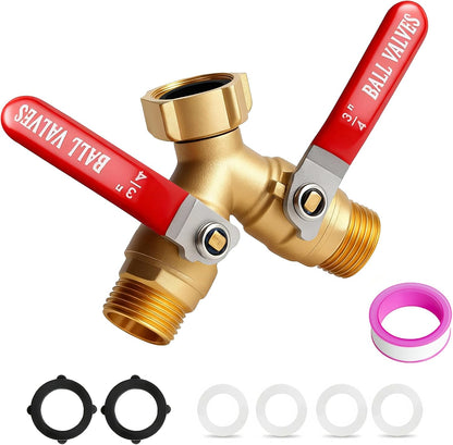 Garden Hose Splitter 2 Way Solid Brass 3/4 Inch GHT Y Valve Handles