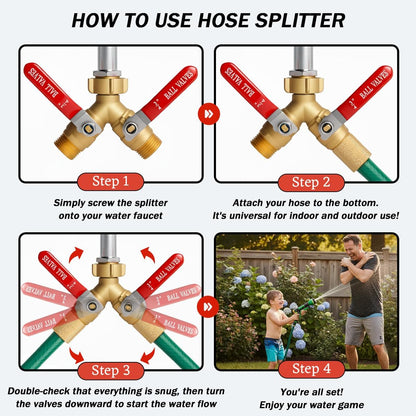 Garden Hose Splitter 2 Way Solid Brass 3/4 Inch GHT Y Valve Handles