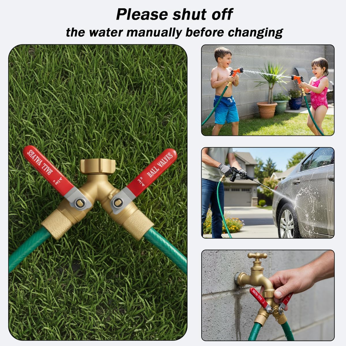 Garden Hose Splitter 2 Way Solid Brass 3/4 Inch GHT Y Valve Handles