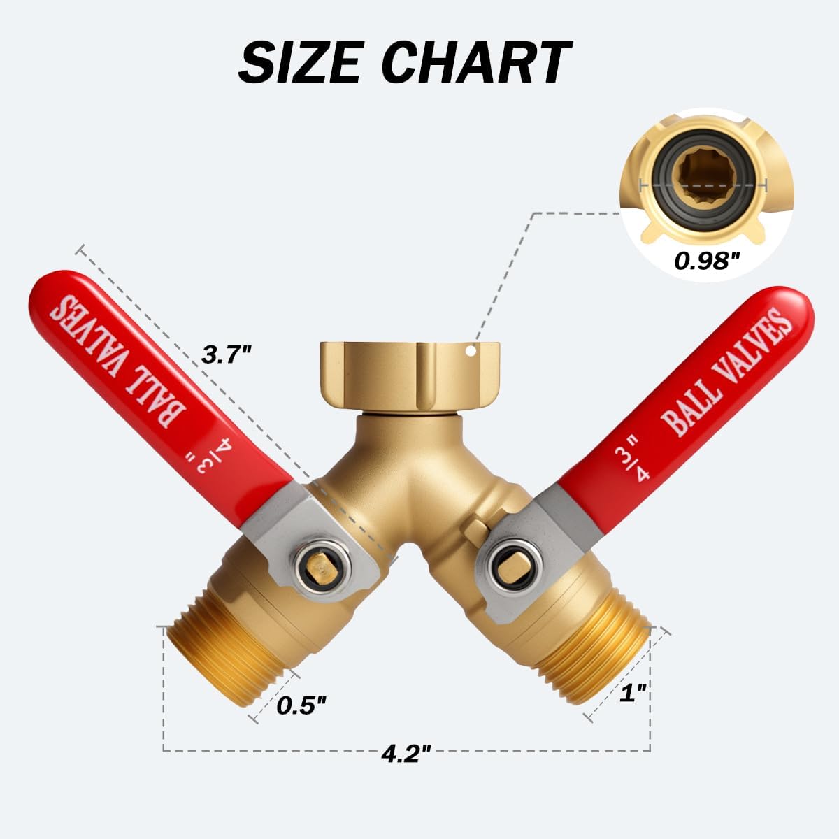 Garden Hose Splitter 2 Way Solid Brass 3/4 Inch GHT Y Valve Handles