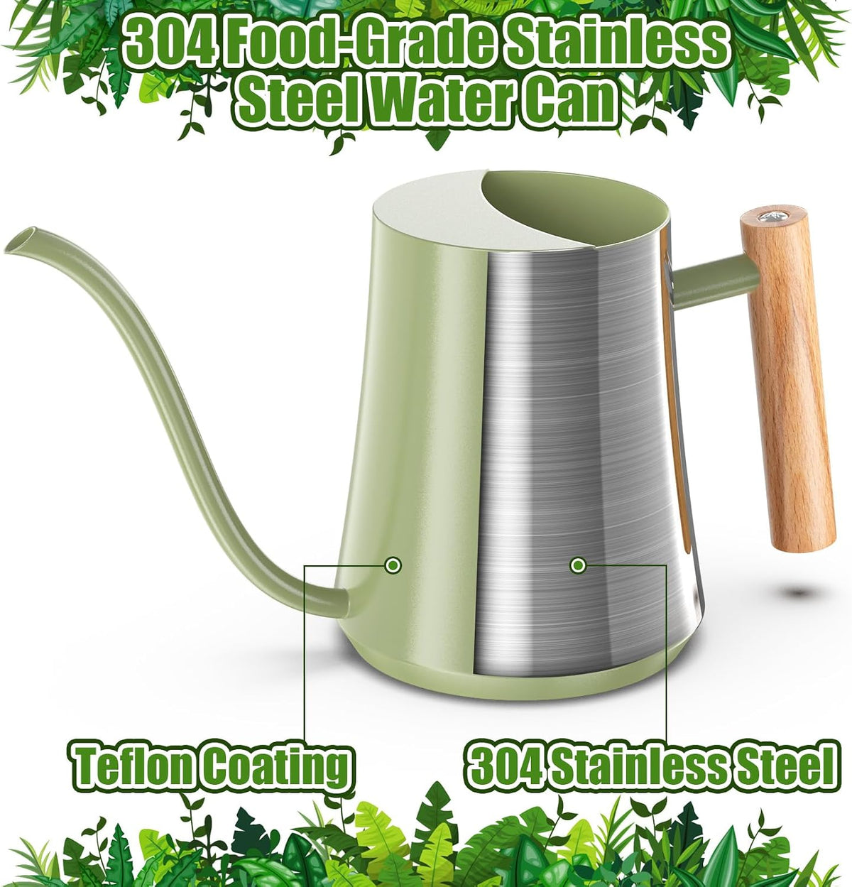 1L/35oz Metal Watering Can Indoor with Long Spout, Sage Green