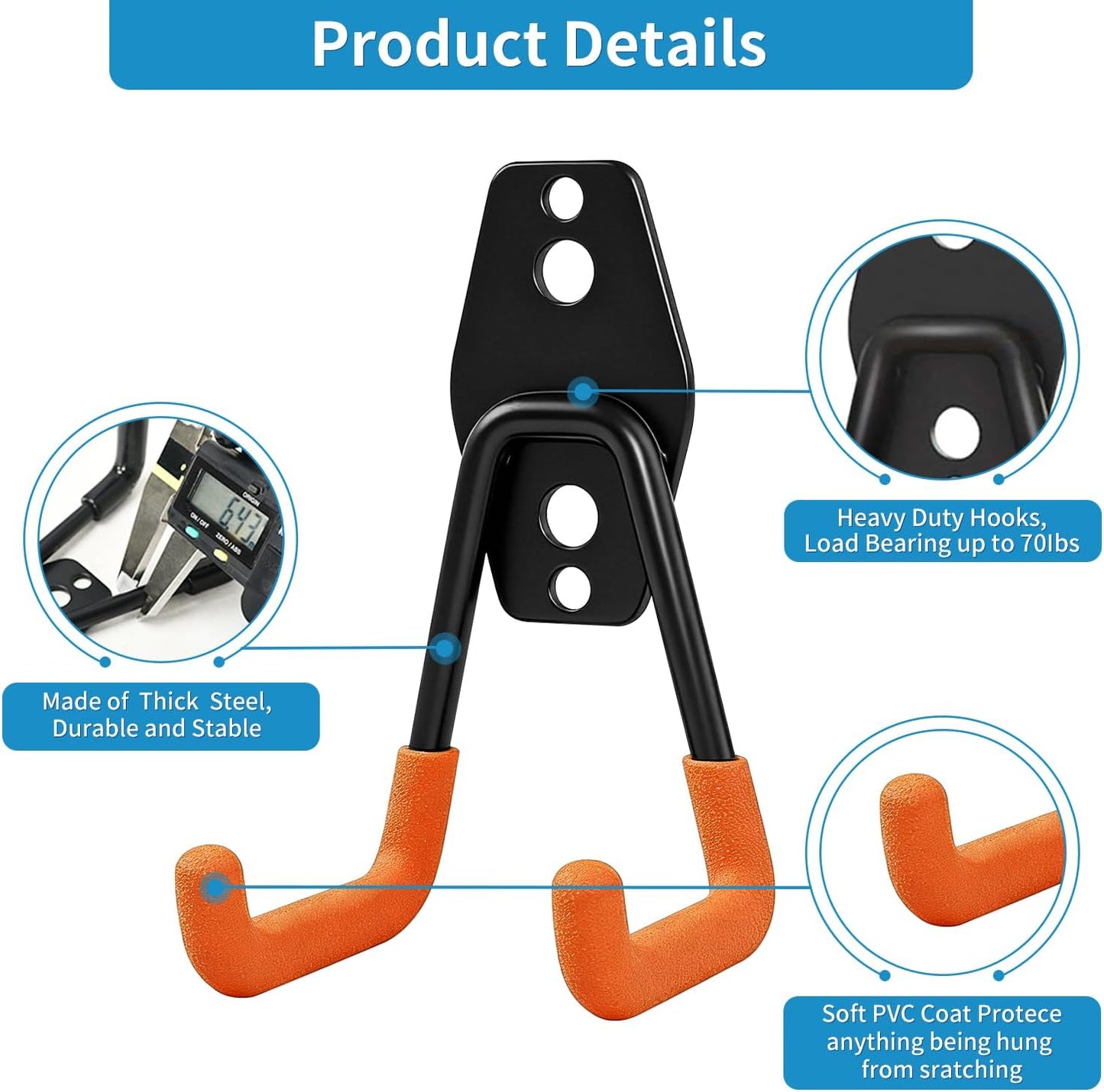 2 Pack Garage Storage Utility Hooks，Garage Garden Tool Organizer，Steel Wall Mount Hooks, Garden Small U Hooks (Black)