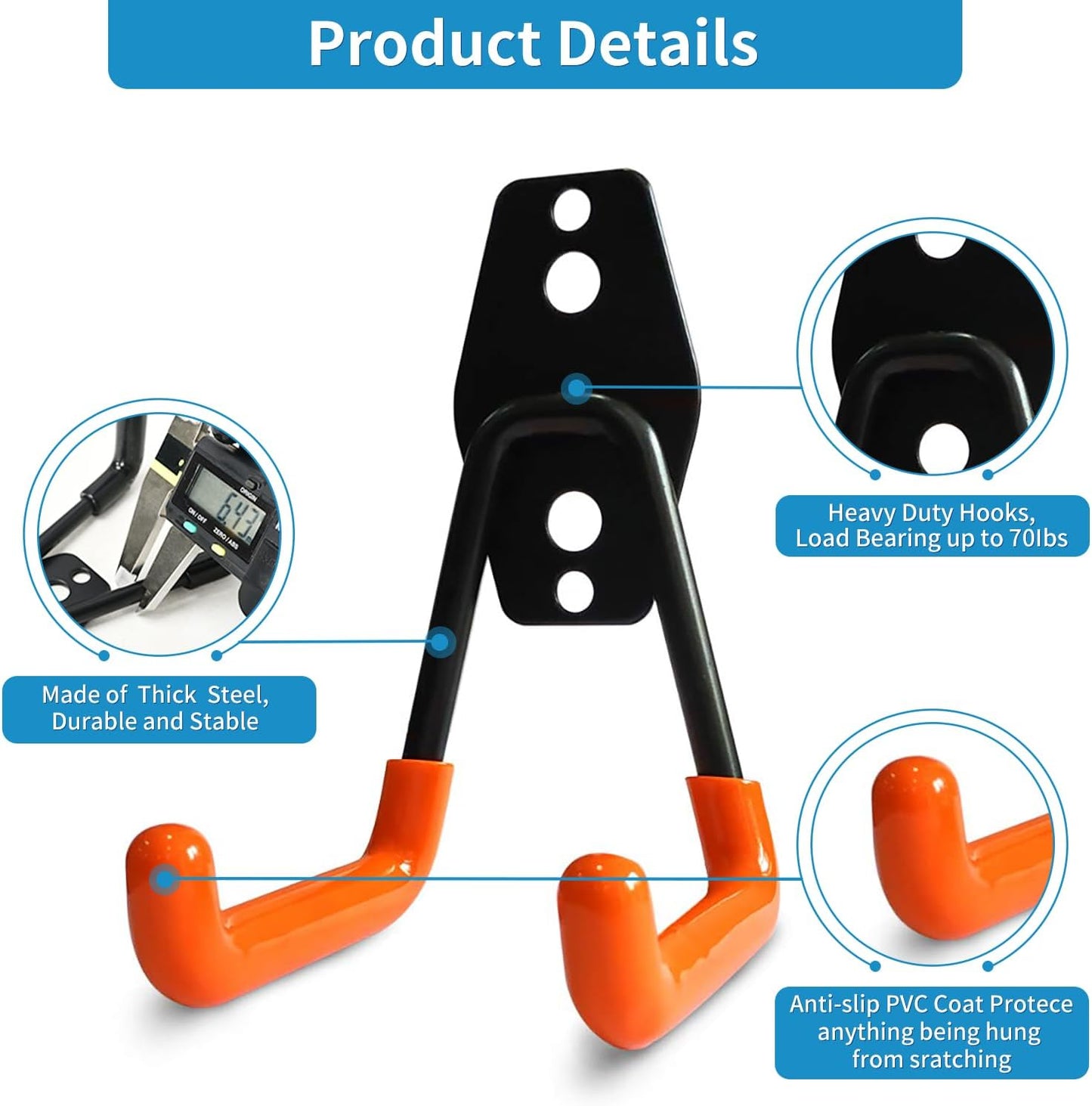2 Pack Garage Storage Utility Hooks，Garage Garden Tool Organizer，Steel Wall Mount Hooks, Garden Small U Hooks (Black)