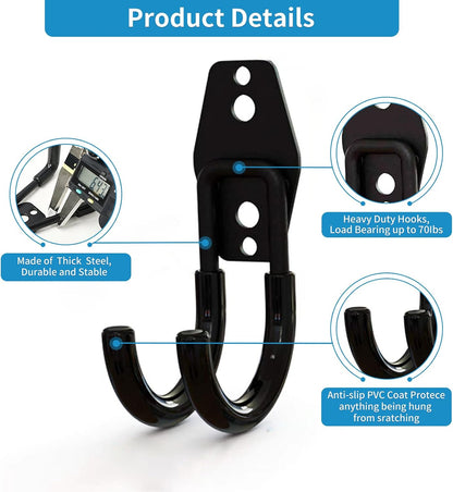 2 Pack Garage Storage Utility Hooks，Garage Garden Tool Organizer，Steel Wall Mount Hooks, Garden Small U Hooks (Black)