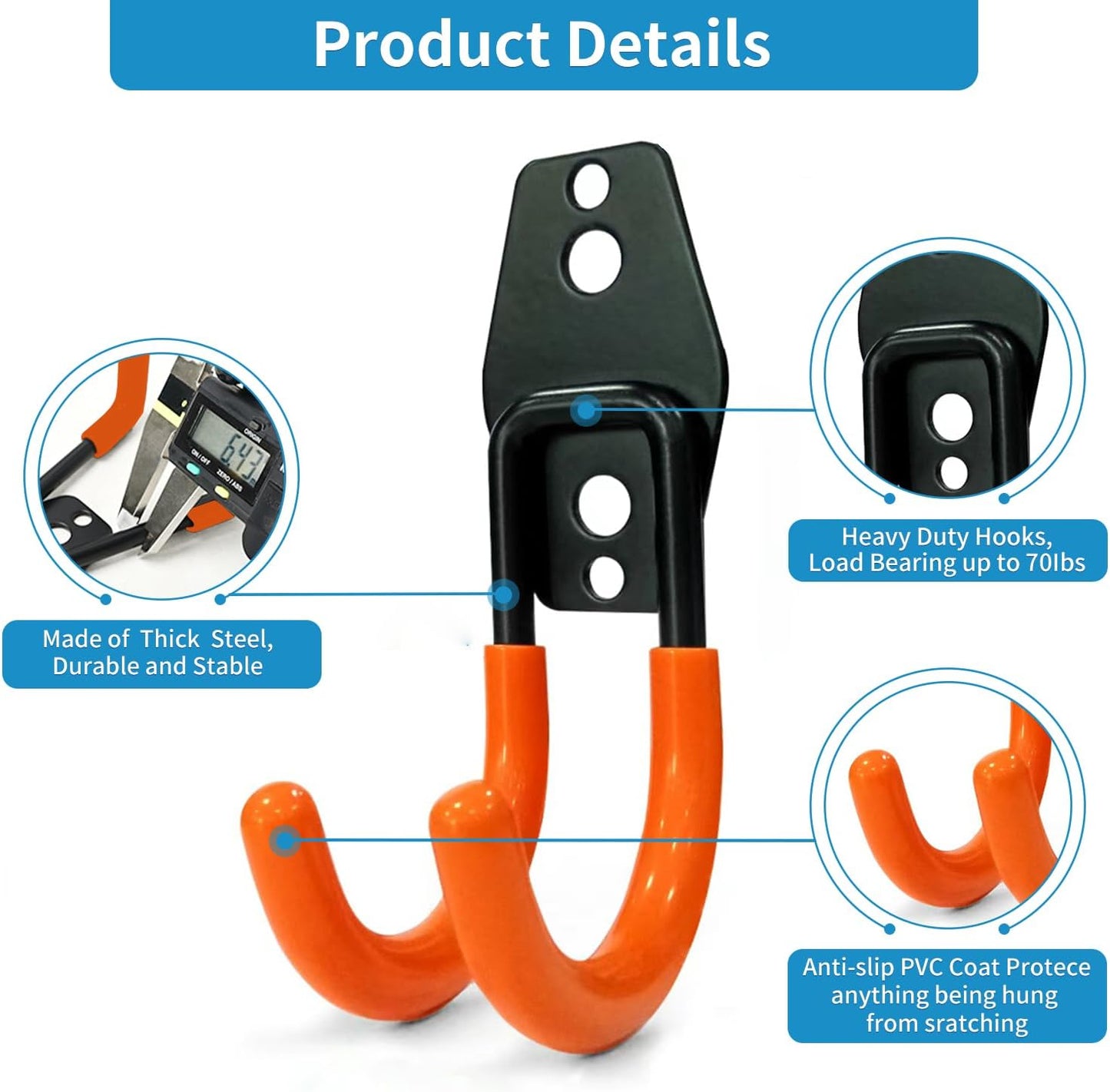 2 Pack Garage Storage Utility Hooks，Garage Garden Tool Organizer，Steel Wall Mount Hooks, Garden Small U Hooks (Black)