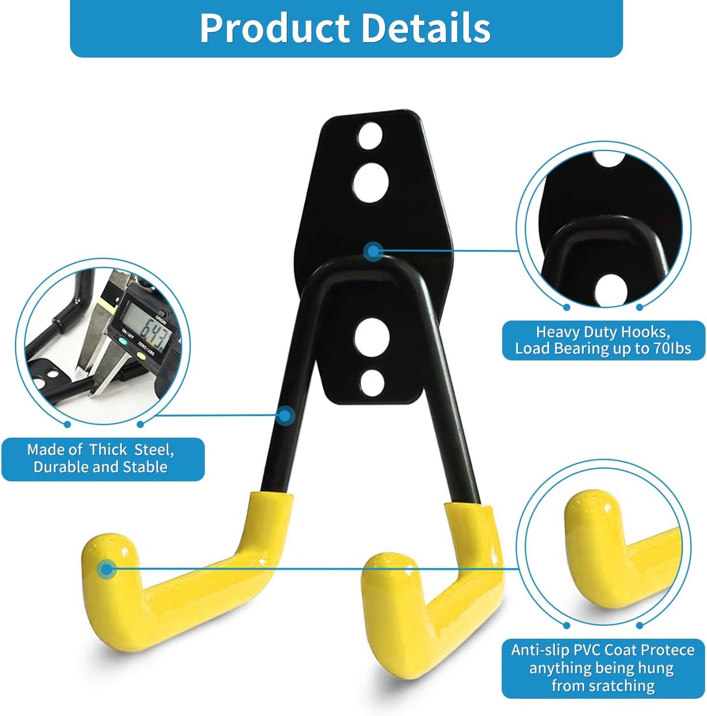 2 Pack Garage Storage Utility Hooks，Garage Garden Tool Organizer，Steel Wall Mount Hooks, Garden Small U Hooks (Black)