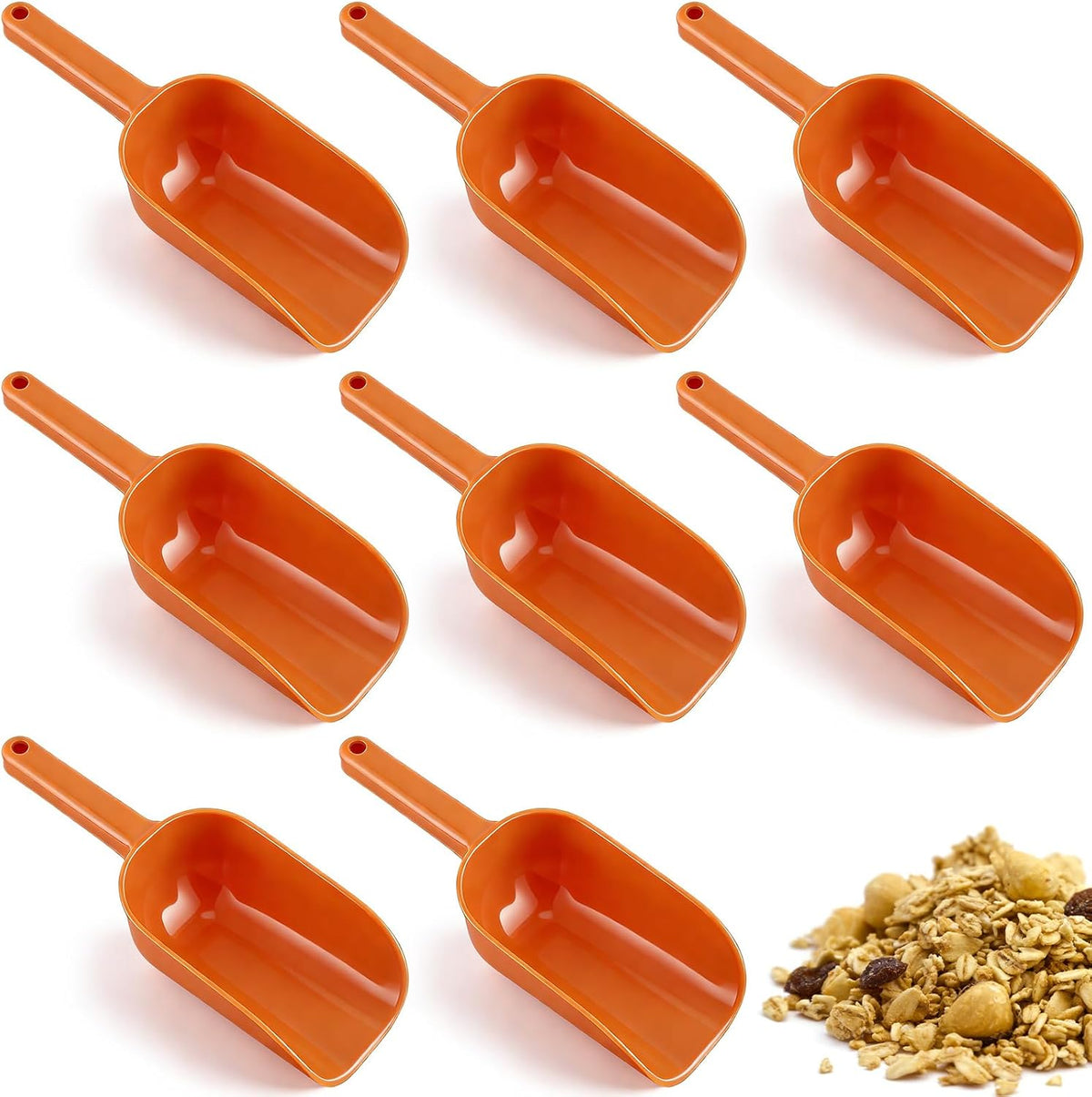 8 Pack Plastic Hand Scoop Orange 16 oz Hand Scoop Durable Food-safe Utility Lightweight Shovel for Dry Goods, Pet Food, Flour, Sugar