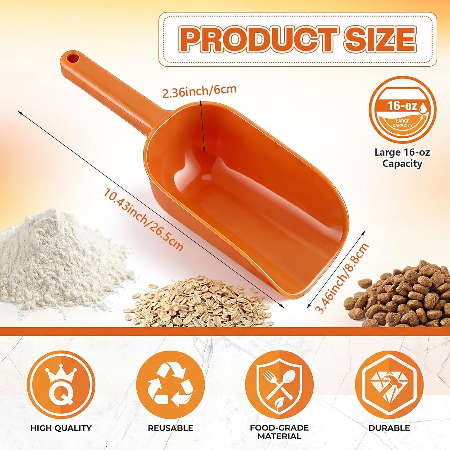 8 Pack Plastic Hand Scoop Orange 16 oz Hand Scoop Durable Food-safe Utility Lightweight Shovel for Dry Goods, Pet Food, Flour, Sugar