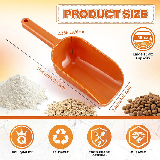 8 Pack Plastic Hand Scoop Orange 16 oz Hand Scoop Durable Food-safe Utility Lightweight Shovel for Dry Goods, Pet Food, Flour, Sugar