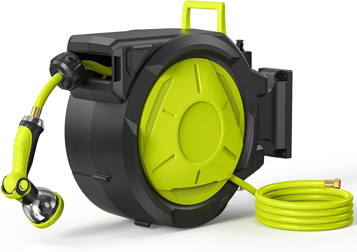 Retractable Garden Hose Reel - 1/2 inch x 50ft Wall Mounted Hose Reel with 3/4 inch Brass Fitting & 10 Function Sprayer Nozzle - Any Length Lock, Auto Rewind System, 180°Swivel Bracket - Black