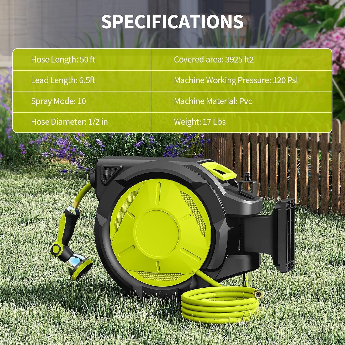 Retractable Garden Hose Reel - 1/2 inch x 50ft Wall Mounted Hose Reel with 3/4 inch Brass Fitting & 10 Function Sprayer Nozzle - Any Length Lock, Auto Rewind System, 180°Swivel Bracket - Black