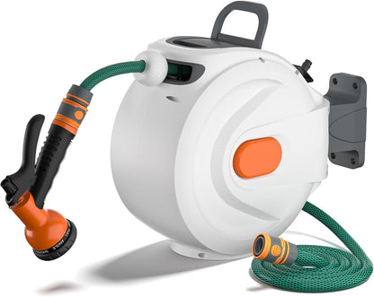 Retractable Garden Hose Reel - 1/2 inch x 50ft Wall Mounted Hose Reel with 3/4 inch Brass Fitting & 10 Function Sprayer Nozzle - Any Length Lock, Auto Rewind System, 180°Swivel Bracket - Black