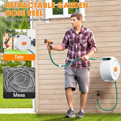 Retractable Garden Hose Reel - 1/2 inch x 50ft Wall Mounted Hose Reel with 3/4 inch Brass Fitting & 10 Function Sprayer Nozzle - Any Length Lock, Auto Rewind System, 180°Swivel Bracket - Black