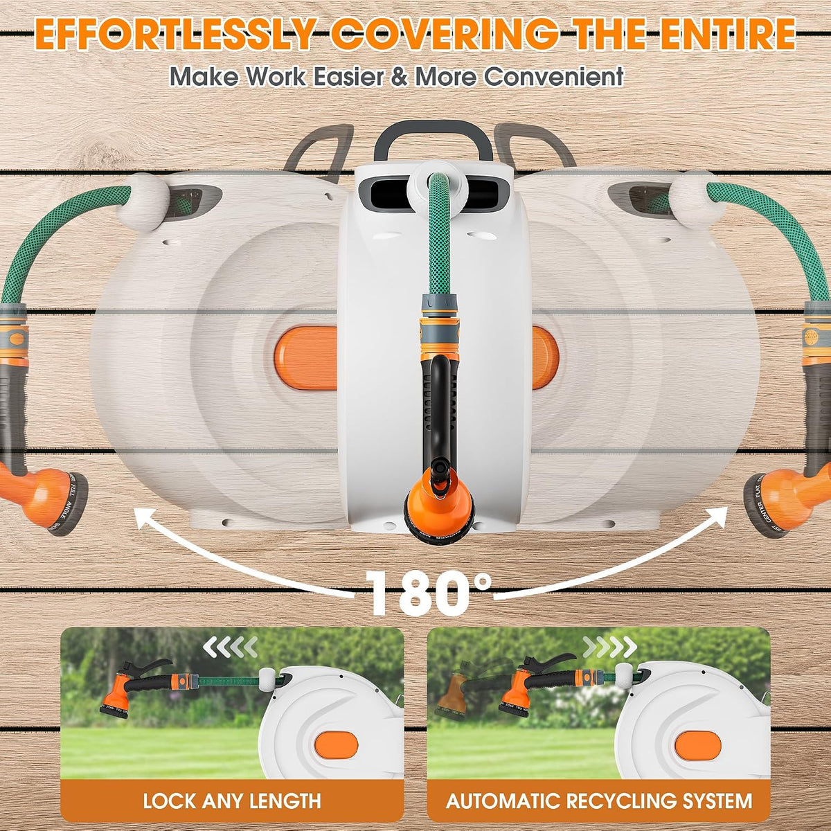 Retractable Garden Hose Reel - 1/2 inch x 50ft Wall Mounted Hose Reel with 3/4 inch Brass Fitting & 10 Function Sprayer Nozzle - Any Length Lock, Auto Rewind System, 180°Swivel Bracket - Black