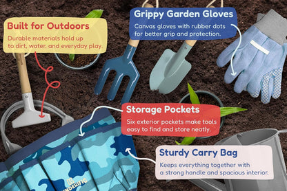Gardening Set, Tool Kit, for Kids, STEM, Includes Tote Bag, Spade, Watering Can, Rake, Fork, Trowel and Gloves (Sunshine)