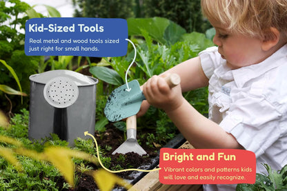 Gardening Set, Tool Kit, for Kids, STEM, Includes Tote Bag, Spade, Watering Can, Rake, Fork, Trowel and Gloves (Sunshine)