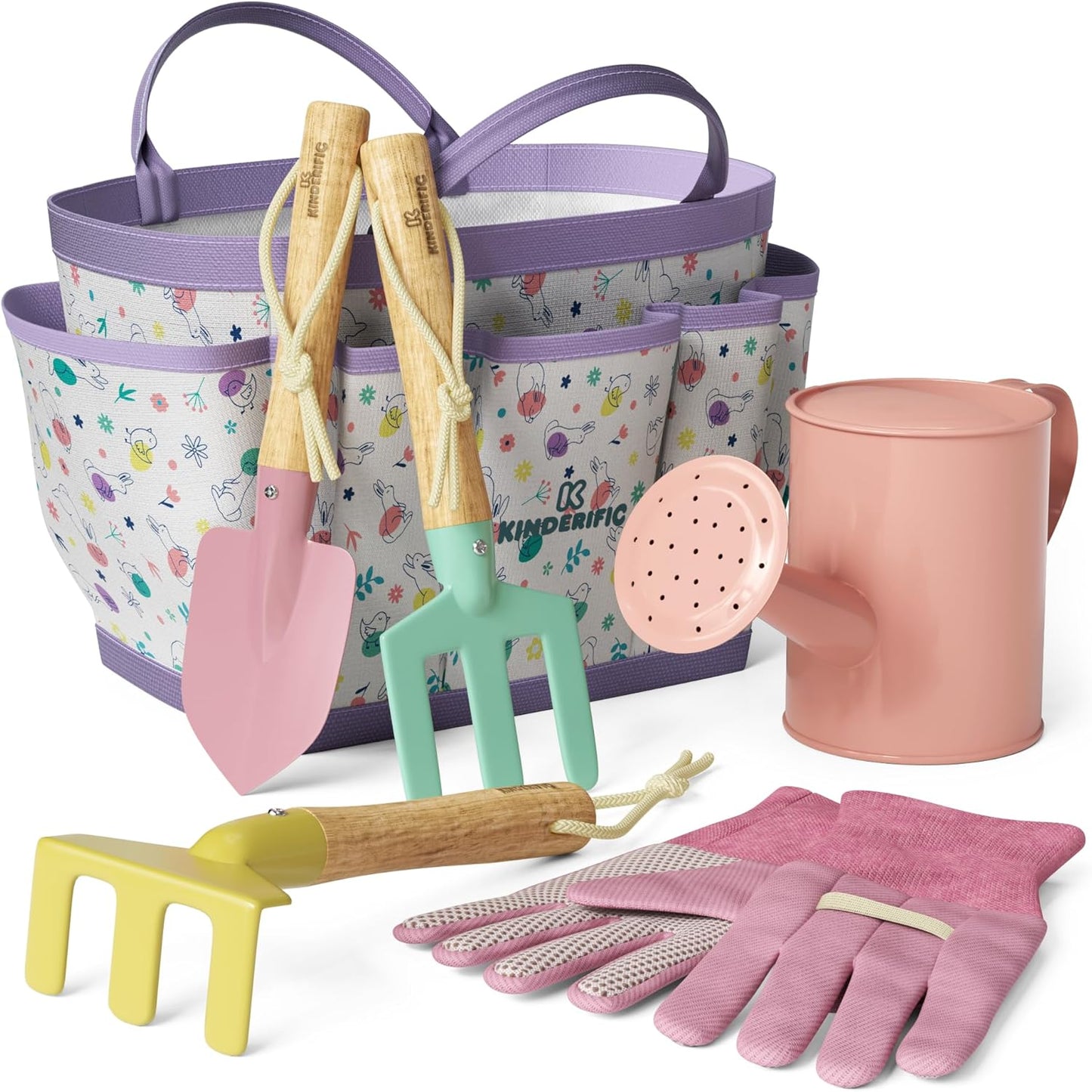 Gardening Set, Tool Kit, for Kids, STEM, Includes Tote Bag, Spade, Watering Can, Rake, Fork, Trowel and Gloves (Sunshine)