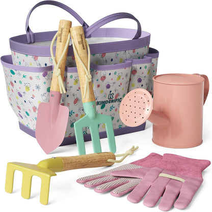 Gardening Set, Tool Kit, for Kids, STEM, Includes Tote Bag, Spade, Watering Can, Rake, Fork, Trowel and Gloves (Sunshine)