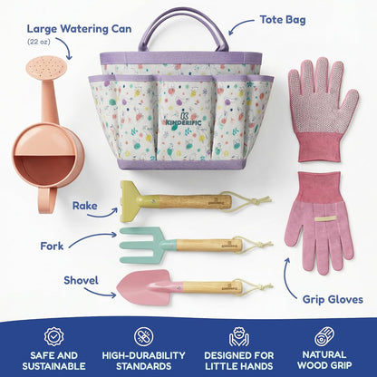 Gardening Set, Tool Kit, for Kids, STEM, Includes Tote Bag, Spade, Watering Can, Rake, Fork, Trowel and Gloves (Sunshine)