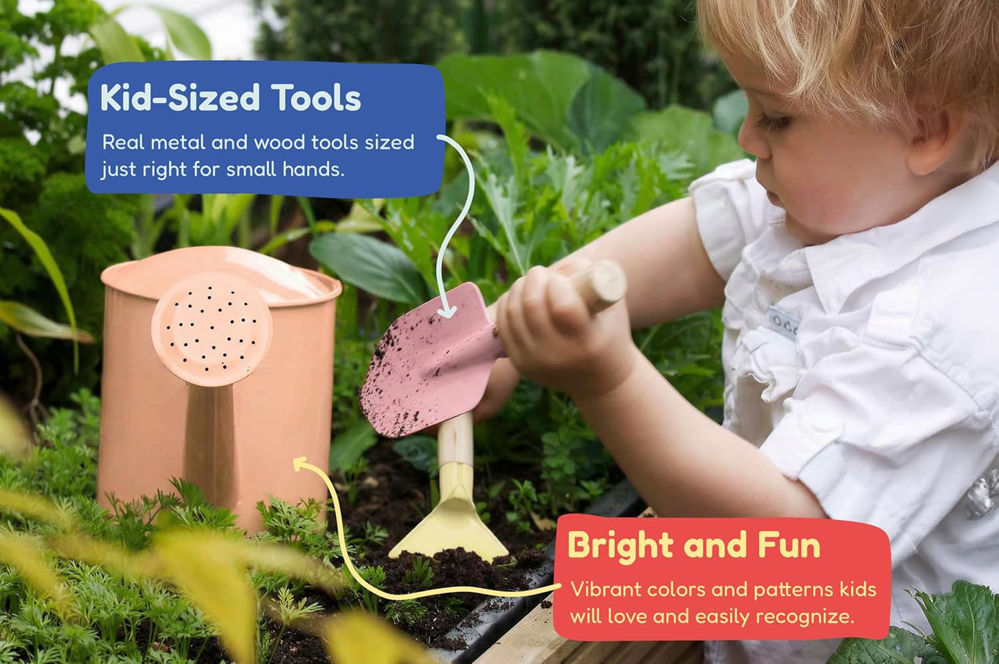 Gardening Set, Tool Kit, for Kids, STEM, Includes Tote Bag, Spade, Watering Can, Rake, Fork, Trowel and Gloves (Sunshine)