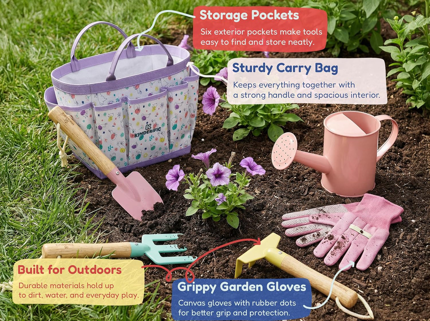 Gardening Set, Tool Kit, for Kids, STEM, Includes Tote Bag, Spade, Watering Can, Rake, Fork, Trowel and Gloves (Sunshine)