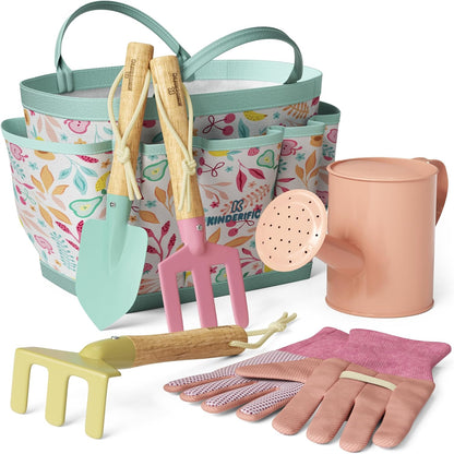 Gardening Set, Tool Kit, for Kids, STEM, Includes Tote Bag, Spade, Watering Can, Rake, Fork, Trowel and Gloves (Sunshine)