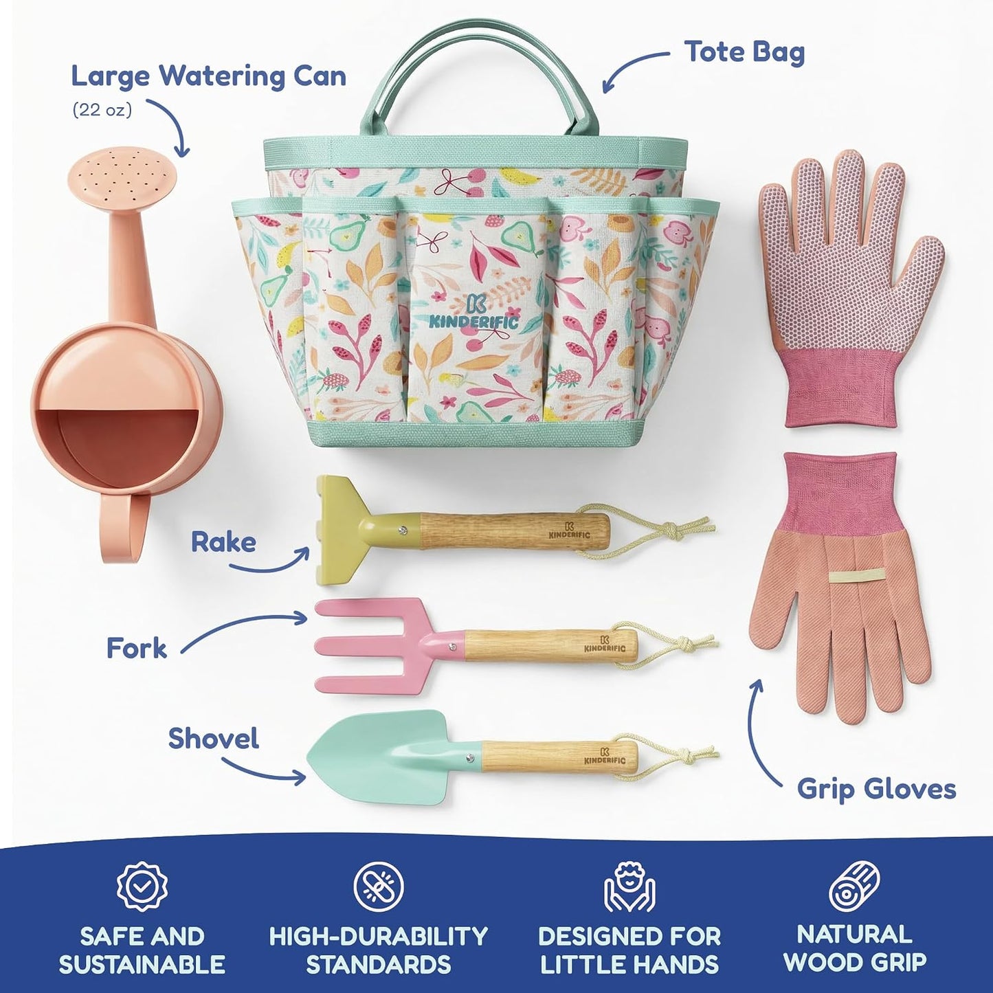 Gardening Set, Tool Kit, for Kids, STEM, Includes Tote Bag, Spade, Watering Can, Rake, Fork, Trowel and Gloves (Sunshine)