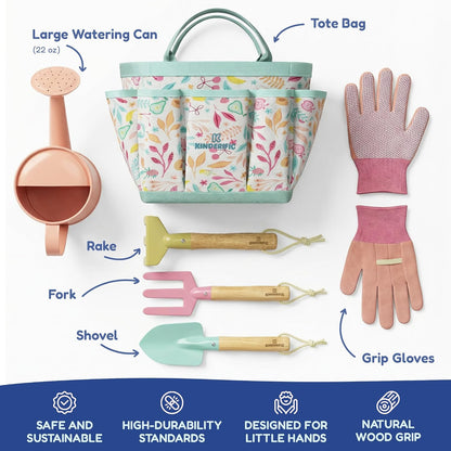 Gardening Set, Tool Kit, for Kids, STEM, Includes Tote Bag, Spade, Watering Can, Rake, Fork, Trowel and Gloves (Sunshine)