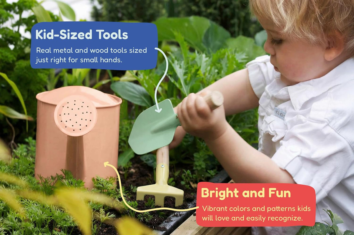 Gardening Set, Tool Kit, for Kids, STEM, Includes Tote Bag, Spade, Watering Can, Rake, Fork, Trowel and Gloves (Sunshine)