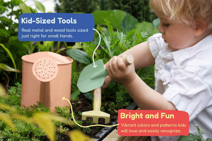 Gardening Set, Tool Kit, for Kids, STEM, Includes Tote Bag, Spade, Watering Can, Rake, Fork, Trowel and Gloves (Sunshine)