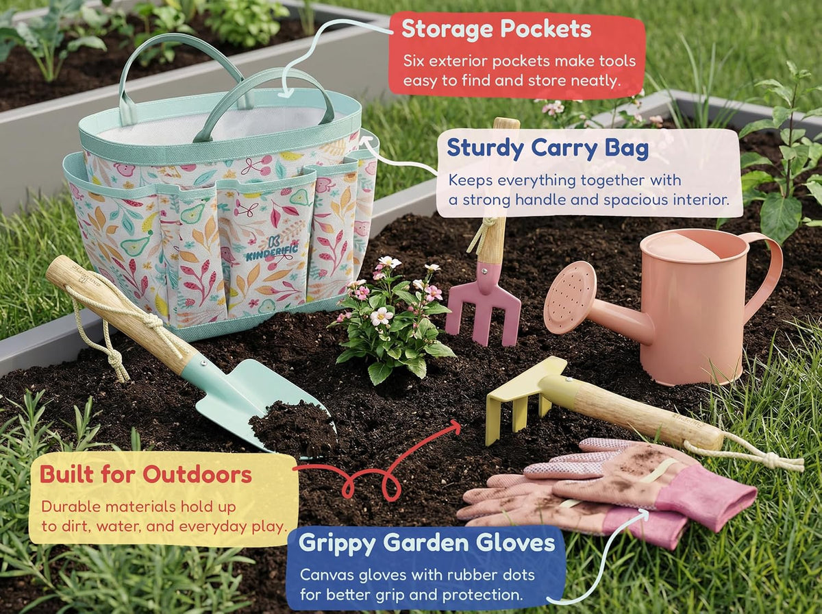 Gardening Set, Tool Kit, for Kids, STEM, Includes Tote Bag, Spade, Watering Can, Rake, Fork, Trowel and Gloves (Sunshine)