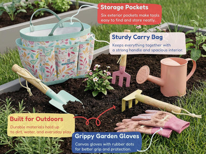 Gardening Set, Tool Kit, for Kids, STEM, Includes Tote Bag, Spade, Watering Can, Rake, Fork, Trowel and Gloves (Sunshine)