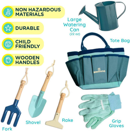 Gardening Set, Tool Kit, for Kids, STEM, Includes Tote Bag, Spade, Watering Can, Rake, Fork, Trowel and Gloves (Sunshine)