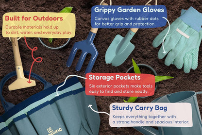 Gardening Set, Tool Kit, for Kids, STEM, Includes Tote Bag, Spade, Watering Can, Rake, Fork, Trowel and Gloves (Sunshine)