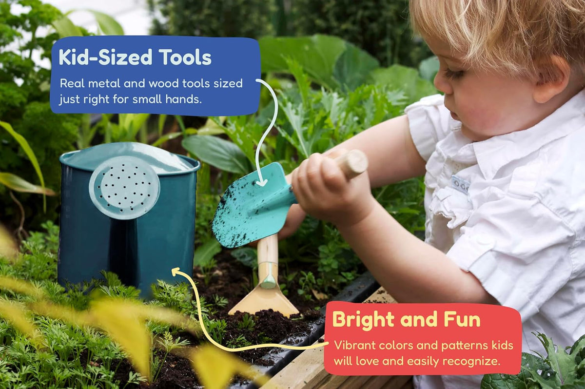 Gardening Set, Tool Kit, for Kids, STEM, Includes Tote Bag, Spade, Watering Can, Rake, Fork, Trowel and Gloves (Sunshine)