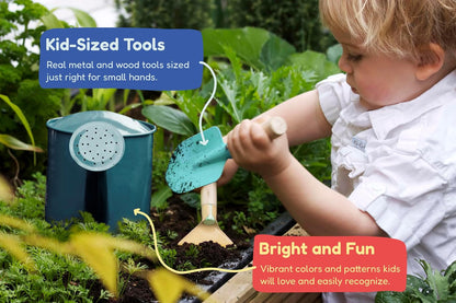 Gardening Set, Tool Kit, for Kids, STEM, Includes Tote Bag, Spade, Watering Can, Rake, Fork, Trowel and Gloves (Sunshine)