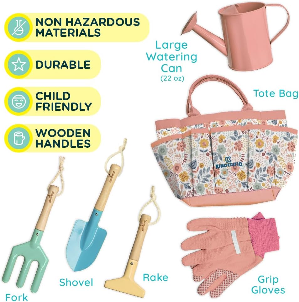 Gardening Set, Tool Kit, for Kids, STEM, Includes Tote Bag, Spade, Watering Can, Rake, Fork, Trowel and Gloves (Sunshine)