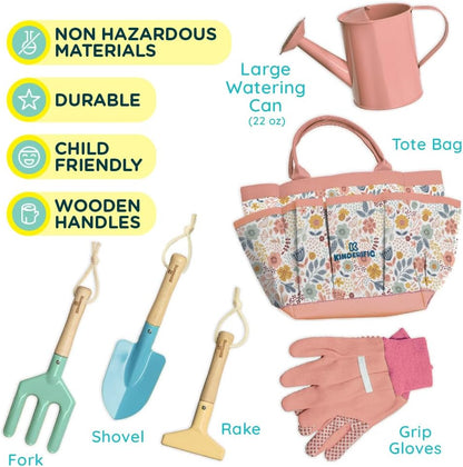 Gardening Set, Tool Kit, for Kids, STEM, Includes Tote Bag, Spade, Watering Can, Rake, Fork, Trowel and Gloves (Sunshine)