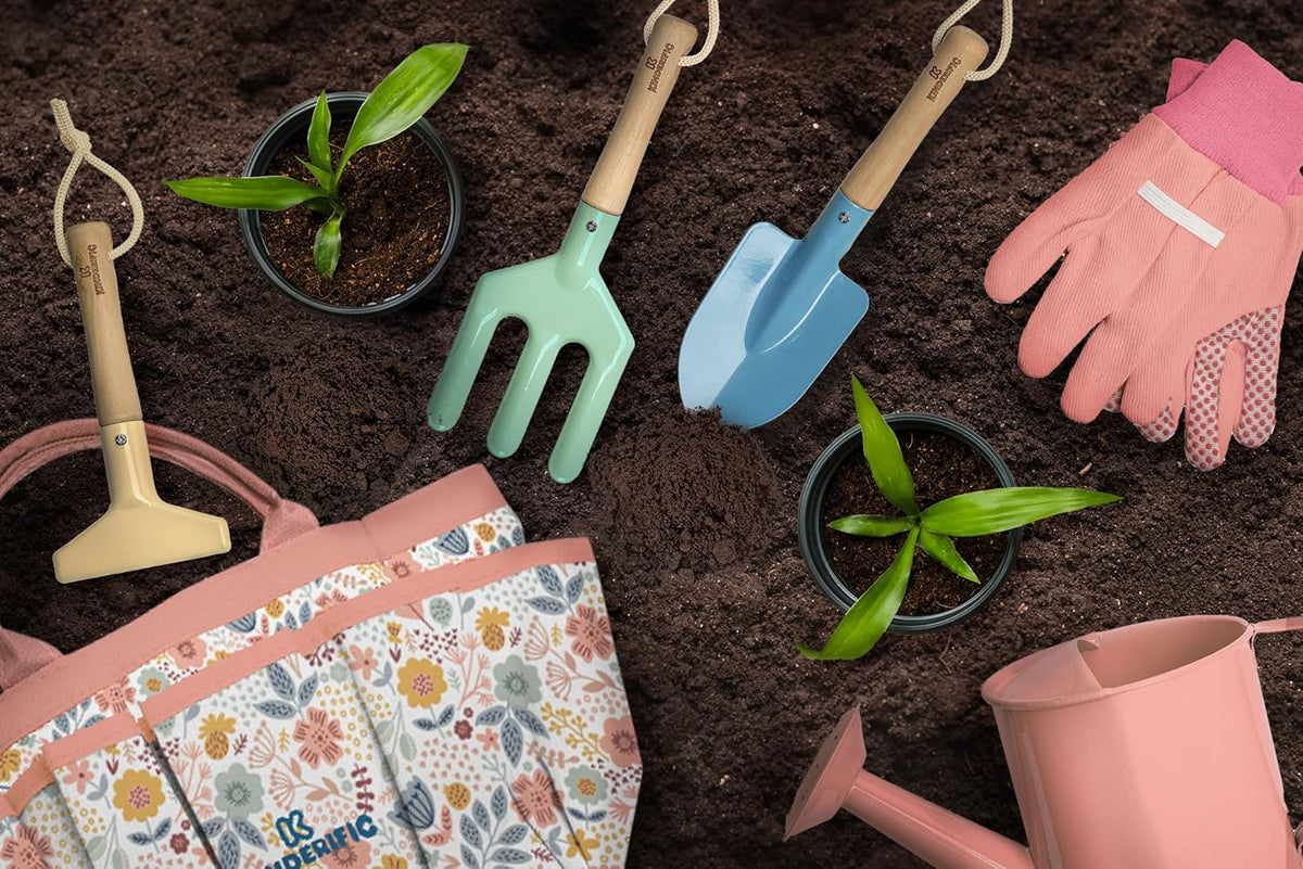 Gardening Set, Tool Kit, for Kids, STEM, Includes Tote Bag, Spade, Watering Can, Rake, Fork, Trowel and Gloves (Sunshine)
