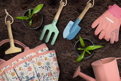 Gardening Set, Tool Kit, for Kids, STEM, Includes Tote Bag, Spade, Watering Can, Rake, Fork, Trowel and Gloves (Sunshine)